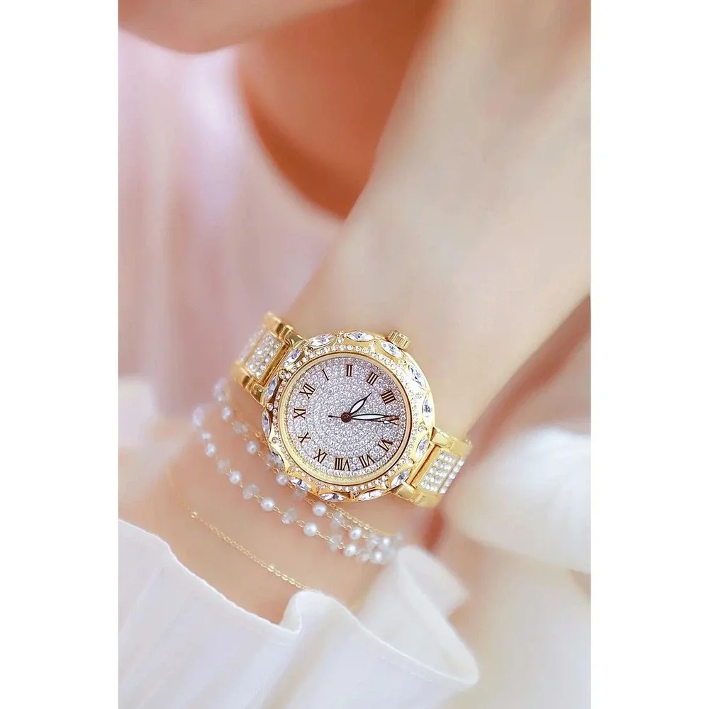 Watch Women Gold‎ Radiant Quartz Bracelet Wristwatch with Rhinestones